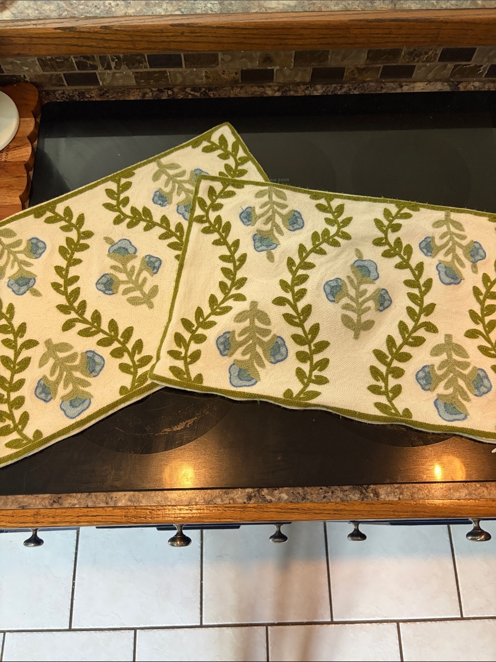 Floral Vine Embroidered pillow covers  - Blue & Olive on Cream